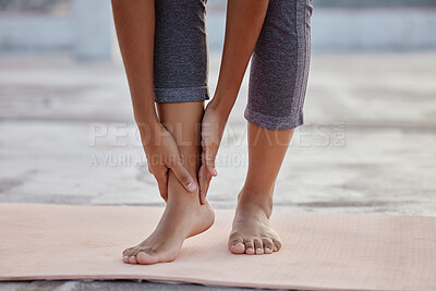 Buy stock photo Hands, feet or ankle pain woman on yoga mat in relax workout, training or fitness exercise for health, wellness or mental health. Zoom, woman or foot injury in pilates leg crisis or anatomy emergency