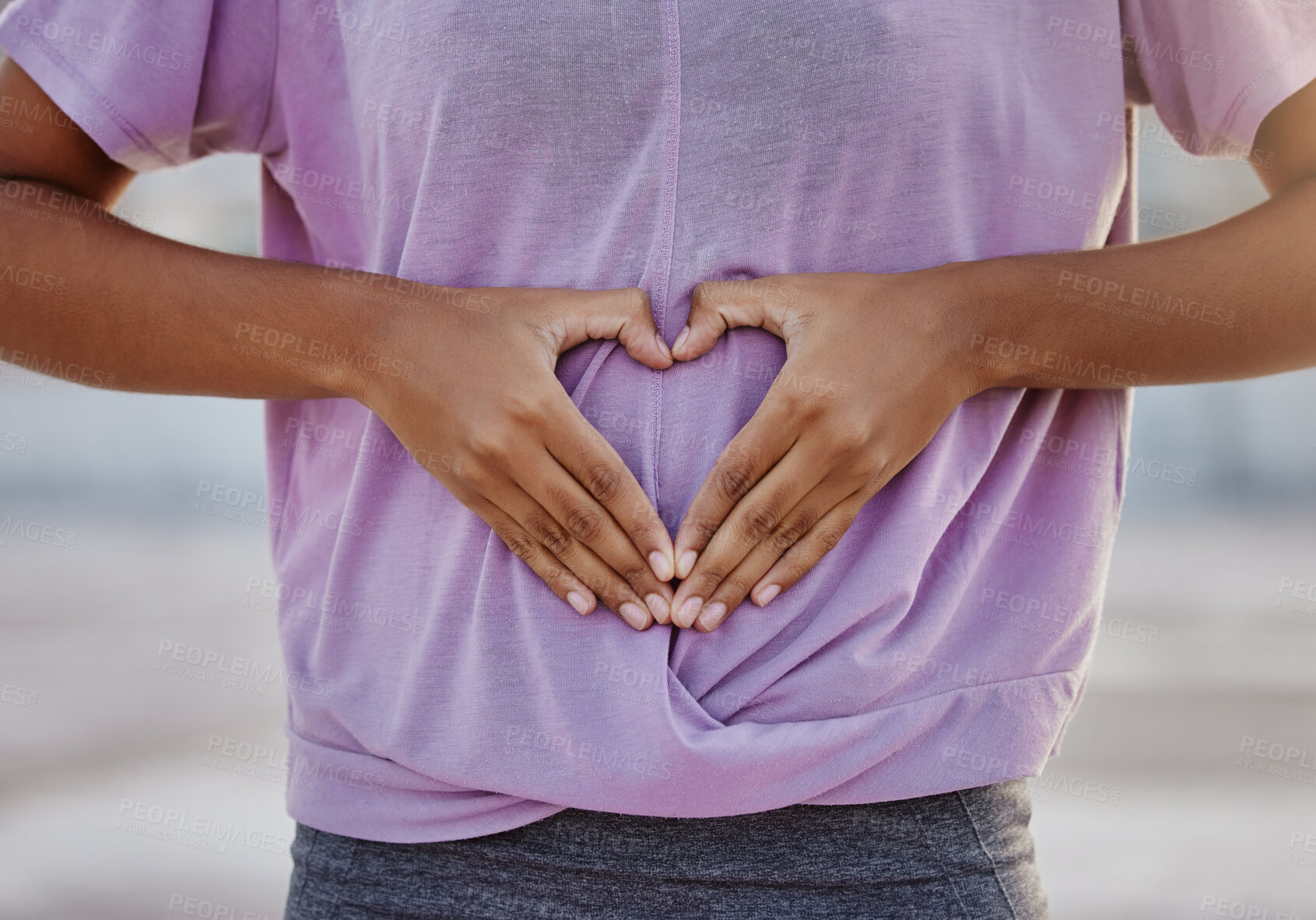 Buy stock photo Hands, heart and stomach with a healthy woman hand icon of health, wellness and diet for body care. Care, abdomen and symbol with a female touching her tummy and making a gesture of love or affection