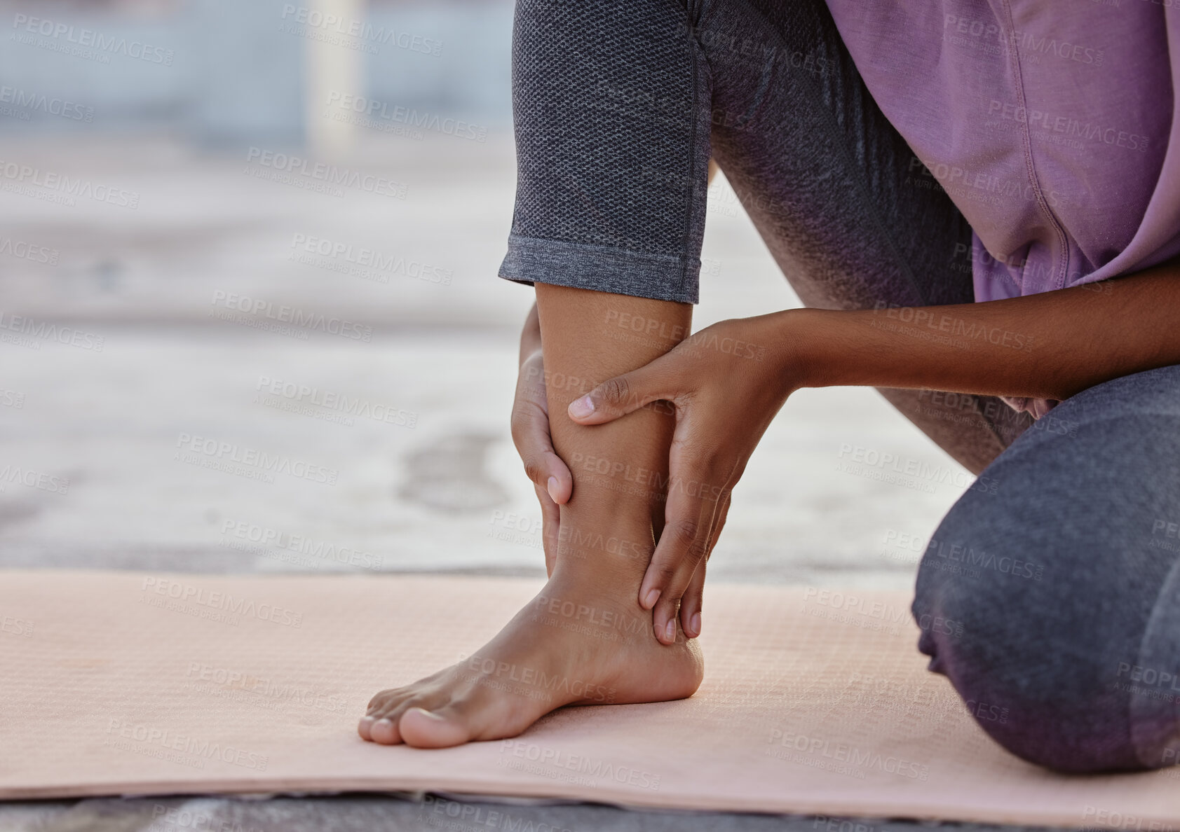 Buy stock photo Foot, pain and woman with accident during fitness training in the city of Peru. Girl, athlete or person with muscle medical emergency while doing exercise, workout or wellness yoga in a park