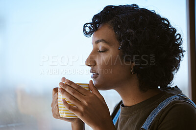 Buy stock photo Indian woman drinking coffee, tea and happy peace, mindset and relaxing at home window. Face of hipster young gen z girl sipping hot beverage mug for calm day, lifestyle and break alone in apartment