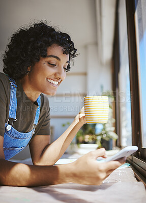 Buy stock photo Coffee, social network and woman on smartphone happy with online chat app, reading email for creative opportunity or internet inspiration. Gen z on cellphone social media update and morning espresso