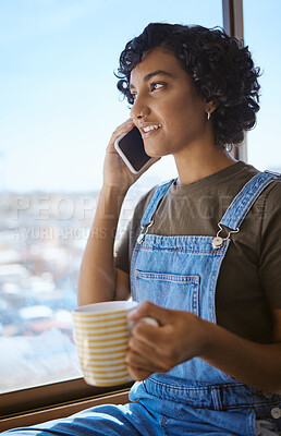 Buy stock photo Phone call, coffee and woman in communication in home by window, talking or conversation while drinking espresso. Tea, relax and female from India in discussion, casual chat or speaking on 5g mobile.