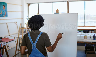 Buy stock photo Art, paint and creative woman painting on canvas with inspiration in a workshop studio from behind. Back of an artist, designer or painter learning about creativity in class at an academy with vision