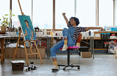 Buy stock photo Art, happy and excited woman with painting in studio or design school smiling at finished creative project. Student from India, painter girl and celebration of completed canvas in classroom on chair.