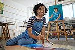 Woman, painter and art in creative workshop with happy smile for freelance in colorful arts and talent. Portrait of a freelancer female artist painting on a canvas smiling in studio for creativity