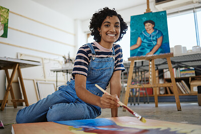 Buy stock photo Woman, painter and art in creative workshop with happy smile for freelance in colorful arts and talent. Portrait of a freelancer female artist painting on a canvas smiling in studio for creativity