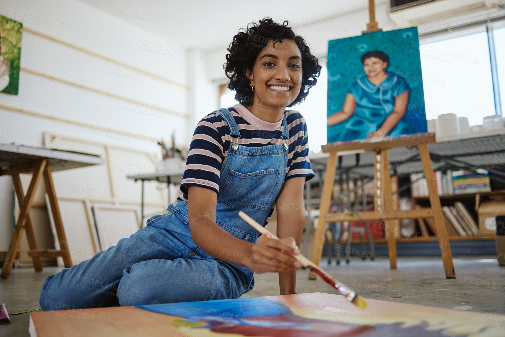 Buy stock photo Woman, painter and art in creative workshop with happy smile for freelance in colorful arts and talent. Portrait of a freelancer female artist painting on a canvas smiling in studio for creativity