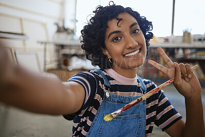 Buy stock photo Art selfie, peace sign and woman in studio workshop happy, smile or ready for creative oil painting for artwork design. Artist portrait of India painter after working on drawing with watercolor brush