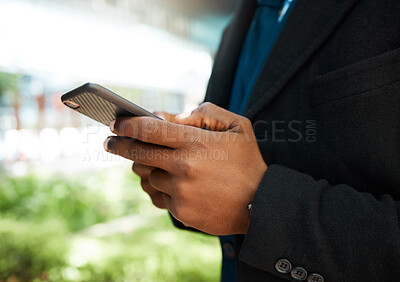 Buy stock photo Hand, phone and search with 5g mobile app for social media, text or message with black man. Online, internet and web with zoom in hands of businessman scrolling technology, communication and contact