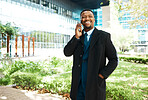 Black man talking phone call, city business and corporate communication outdoors. Happy ceo, smile manager and african entrepreneur with vision, motivation and success speaking on mobile technology