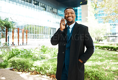 Buy stock photo Black man talking phone call, city business and corporate communication outdoors. Happy ceo, smile manager and african entrepreneur with vision, motivation and success speaking on mobile technology