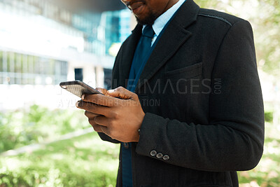 Buy stock photo Communication, technology and hands of businessman with phone for internet, social media or contact in Chicago city. Mobile, website and online with black man working with 5g, message and digital app
