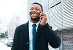 Black, businessman and phone call for communication in the city and smile for happy discussion in success. African American man smiling for successful conversation on smartphone in a urban town