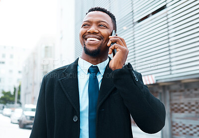 Buy stock photo Black, businessman and phone call for communication in the city and smile for happy discussion in success. African American man smiling for successful conversation on smartphone in a urban town