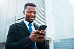 Phone, happy black man and business in city, street or outdoors on social media, web browsing or text message. Employee, entrepreneur and male in Nigeria internet surfing or research on 5g mobile app