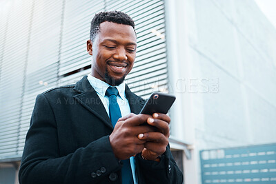 Buy stock photo Phone, happy black man and business in city, street or outdoors on social media, web browsing or text message. Employee, entrepreneur and male in Nigeria internet surfing or research on 5g mobile app