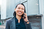 Asian woman, phone call and talking to business contact in with a smile on city street while networking on smartphone. Happy corporate employee female with 5g network connection walking in Singapore