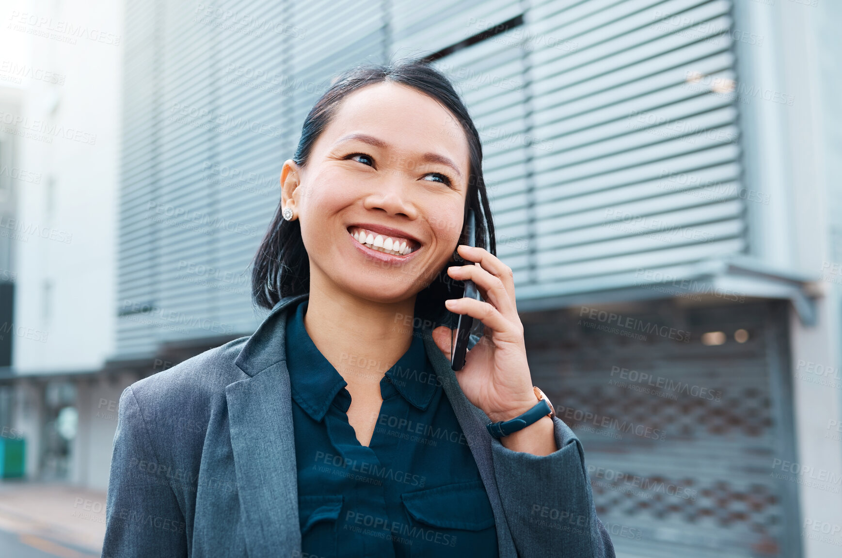 Buy stock photo Asian woman, phone call and talking to business contact in with a smile on city street while networking on smartphone. Happy corporate employee female with 5g network connection walking in Singapore