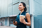 Phone, coffee and travel with an woman out walking in a city of china during the day. Tourist, urban and street with a young asian female taking a walk outdoor in a town street for sightseeing
