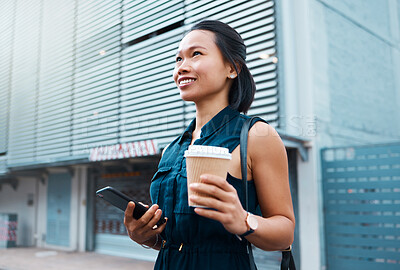 Buy stock photo Phone, coffee and travel with an woman out walking in a city of china during the day. Tourist, urban and street with a young asian female taking a walk outdoor in a town street for sightseeing