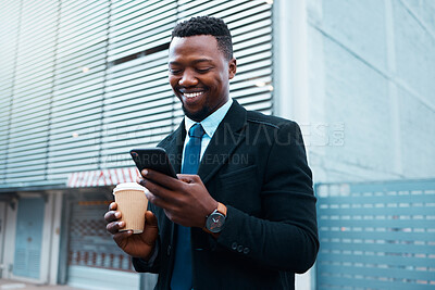 Buy stock photo Coffee, social media and businessman on his phone in the city of Singapore with smile in morning. Happy, corporate and African employee reading chat on mobile phone with drink of tea and 5g internet
