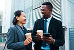 Business employees, get coffee outside office together before work begins and colleagues start working. Diversity in  workplace, collaboration and staff management or teamwork create business success