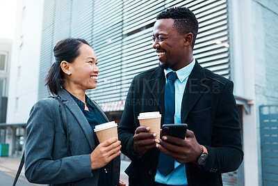 Buy stock photo Business employees, get coffee outside together before work begins and colleagues start working. Friends travel to urban job, walking in the city and talking while drinking takeaway drinks