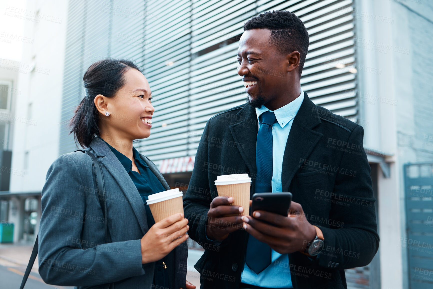 Buy stock photo Business employees, get coffee outside together before work begins and colleagues start working. Friends travel to urban job, walking in the city and talking while drinking takeaway drinks