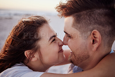 Buy stock photo Love, happy and face of couple on the beach smile with connection, bonding and happiness on ocean holiday. Hug, partnership and romantic man and woman enjoy quality time together in Rio de Janeiro