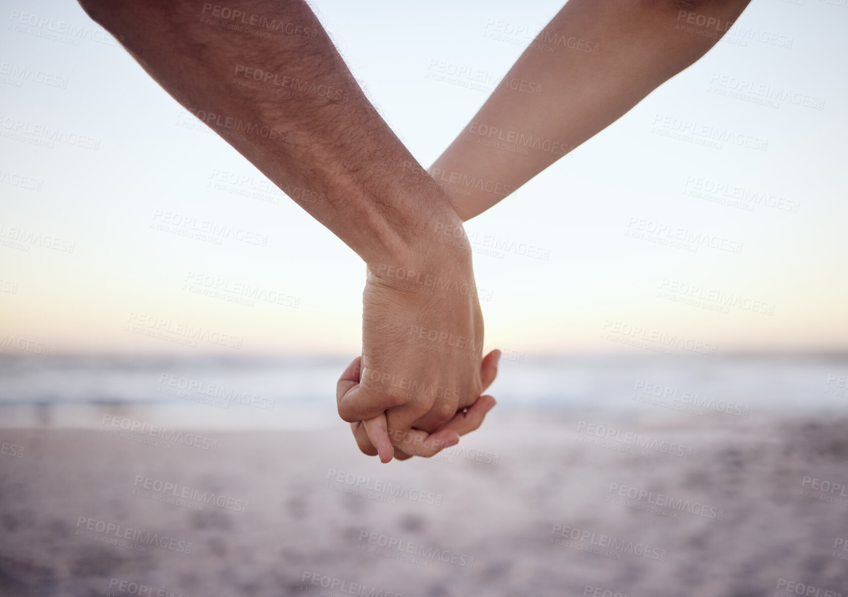 Buy stock photo Love couple holding hands, beach and care together at ocean, nature and summer vacation of save the date in Maldives together. Closeup man, relax woman and support, trust or hope on honeymoon holiday