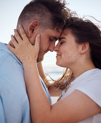 Buy stock photo Couple, love and happy together on adventure and bonding in romantic holiday during summer. Real young man and woman hugging, peace and intimacy, strong relationship and spending quality time.