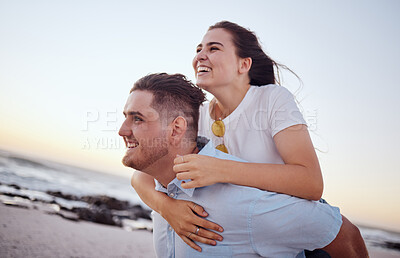 Buy stock photo Happy, couple and piggyback for love on the beach in joyful fun and happiness together in the outdoors. Man and woman enjoying summer vacation at the ocean coast in playful romance in Costa Rica