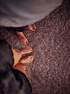 Buy stock photo Beach, romance and feet in sea sand, couple on ocean summer holiday together. Summer, man and woman in love with toes on shore from above, waiting for waves or water in Bali, Indonesia for vacation