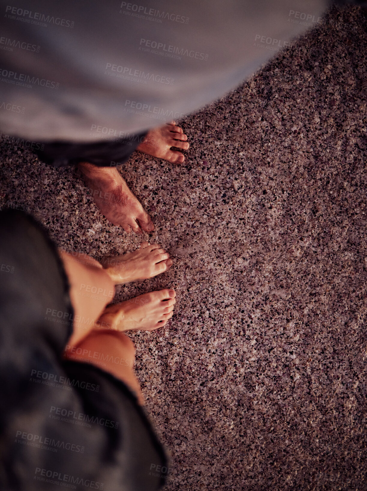 Buy stock photo Beach, romance and feet in sea sand, couple on ocean summer holiday together. Summer, man and woman in love with toes on shore from above, waiting for waves or water in Bali, Indonesia for vacation