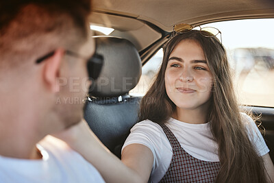 Buy stock photo Love, care and couple on car road trip for fun travel adventure, bonding and enjoy romantic quality time together. Peace, wellness and freedom for young gen z man and woman in motor transportation