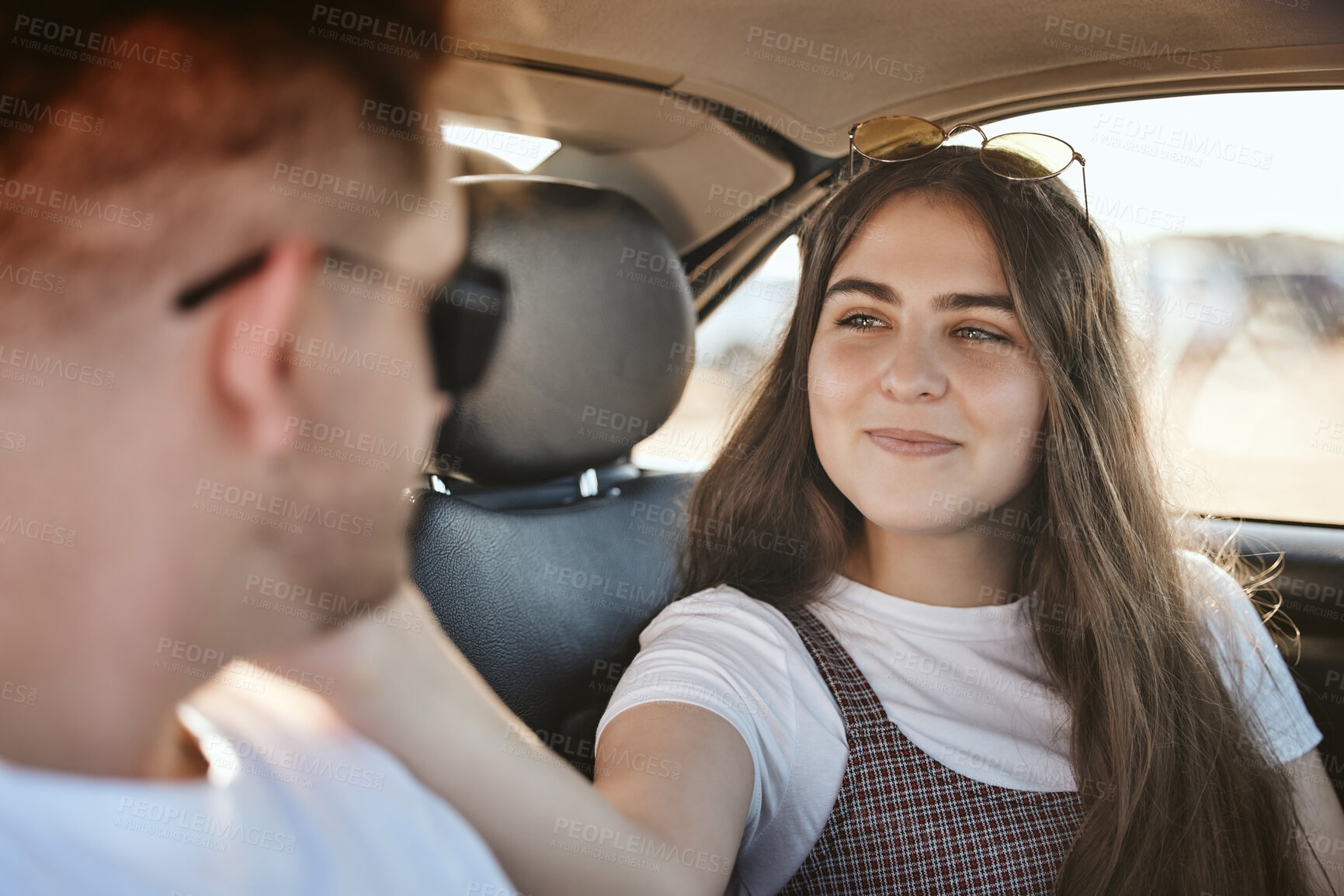 Buy stock photo Love, care and couple on car road trip for fun travel adventure, bonding and enjoy romantic quality time together. Peace, wellness and freedom for young gen z man and woman in motor transportation