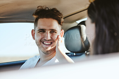 Buy stock photo Embrace, smile and couple driving in a car for roadtrip holiday together in Costa Rica. Young man and woman with affection, happy on love vacation and drive with motor transportation for peace 