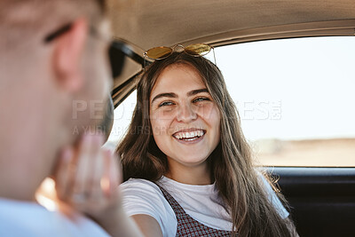 Buy stock photo Couple on a road trip, love and care travel in car with smile and woman hand on man, husband or boyfriend cheek. Hawaii vacation, transport and happy girl with holiday peace or freedom.