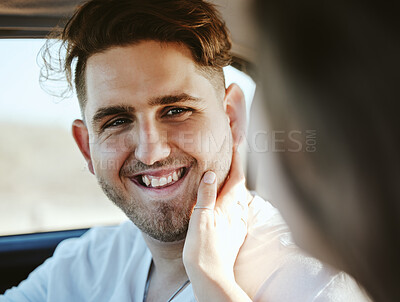 Buy stock photo Couple, man and face touch in car with girlfriend for gratitude and care on road trip together. Woman touching cheek of happy boyfriend with real smile for intimate moment on travel journey. 

