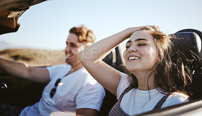 Buy stock photo Road trip couple, summer vacation and freedom sunshine, relax and adventure in Miami Florida. Traveling woman, driving man and happy journey drive, date and holiday together in auto convertible car