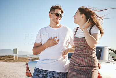 Buy stock photo Happy, couple and travel for love on road trip vacation in relationship happiness together for bonding in the outdoors. Man and woman enjoying summer holiday in romance and traveling in South Africa