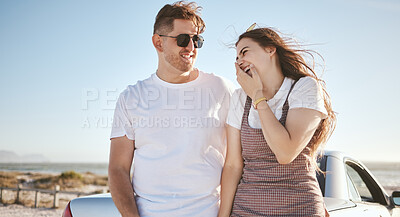 Buy stock photo Road trip, couple and love with a man and woman laughing while enjoying travel and tourism together during summer. Happy, smile and romance with a young male and female on a trip or vacation