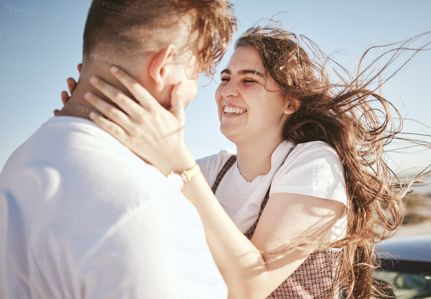 Buy stock photo Road trip, couple and happy to travel with love and adventure together on summer vacation, hugging and smile. Young man and woman, romantic getaway and affection, intimacy and carefree in nature.