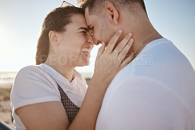 Buy stock photo Happy couple, travel and laughing love for vacation, embracing relationship together in the outdoors. Man and woman with smile in real loving, caring and bonding for traveling or holiday in nature