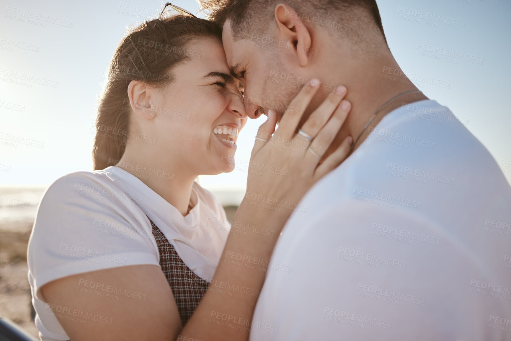 Buy stock photo Happy couple, travel and laughing love for vacation, embracing relationship together in the outdoors. Man and woman with smile in real loving, caring and bonding for traveling or holiday in nature