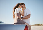 Car, love and couple on a road trip in summer on a holiday vacation for bonding, romance and romantic honeymoon. Travel, freedom and young woman holding her partner outdoors enjoying their weekend