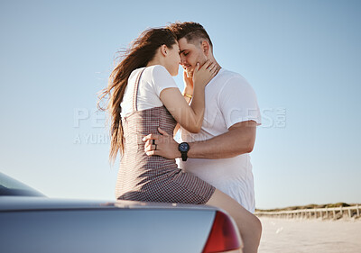 Buy stock photo Car, love and couple on a road trip in summer on a holiday vacation for bonding, romance and romantic honeymoon. Travel, freedom and young woman holding her partner outdoors enjoying their weekend