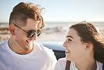 Love, happy couple on beach holiday and smile with freedom on road trip in summer by ocean together. Man with sunglasses, woman laugh and enjoy bonding on romantic sea vacation adventure in Bali sun 