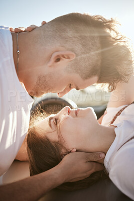 Buy stock photo Couple, closeup and face on with love, happiness and smile together on road trip. Man, woman and happy with romance outdoor on travel, holiday or vacation for celebration, honeymoon or marriage