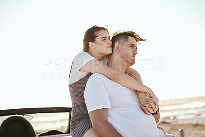 Buy stock photo Road trip, ocean and couple hug in car for summer journey outdoor beach vacation or holiday. Love, date and affection of people or woman with quality time and travel by sea on sky mock up background